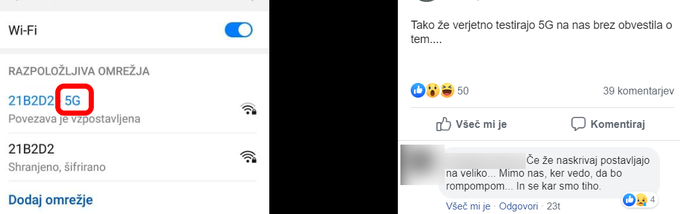 Primer ugibanja o "verjetnem" preizkušanju mobilnega omrežja 5G brez vednosti uporabnikov, ki ga najdemo v eni od skupin slovenskega gibanja proti 5G na družbenem omrežju Facebook. Drugi tehnološko bolj ozaveščeni člani skupin takšne zmote sicer pogosto popravijo s pravilno interpretacijo napisanega, a takšne razlage ne padejo vedno na plodna tla, saj se vprašanja o 5G, ki to v resnici ni, na Facebooku pojavljajo znova in znova.  | Foto: Matic Tomšič / Posnetek zaslona