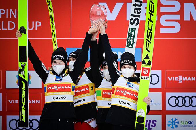 Slovenske skakalke so letos na Ljubnem skočile do zgodovinske ekipne zmage. | Foto: Sportida