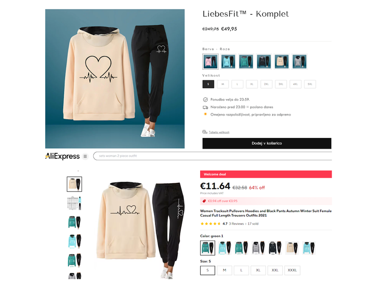 Enaka trenirka v domnevni trgovini Ljubljana Moda (zgoraj) in na spletni strani AliExpress (spodaj).  | Foto: Posnetek zaslona