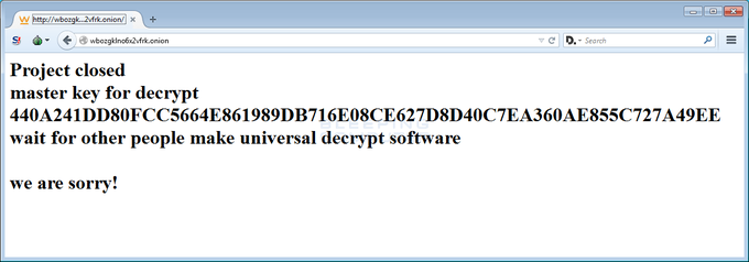 Sporočilo razvijalcev TeslaCrypta: "Ta ključ uporabite pri razvoju programa za dešifriranje datotek. Žal nam je." Kot je razvidno iz spletne povezave na vrhu slike (končnina .onion), je komunikacija potekala prek anonimnega omrežja Tor.  | Foto: 