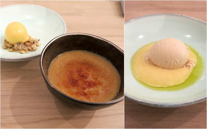 Sladice z leve proti desni: pasijonkin sladoled na lešnikovem drobljencu, kavni creme brulee in sladoled črnega čaja na limonini kremi in olivnem olju | Foto: Miha First