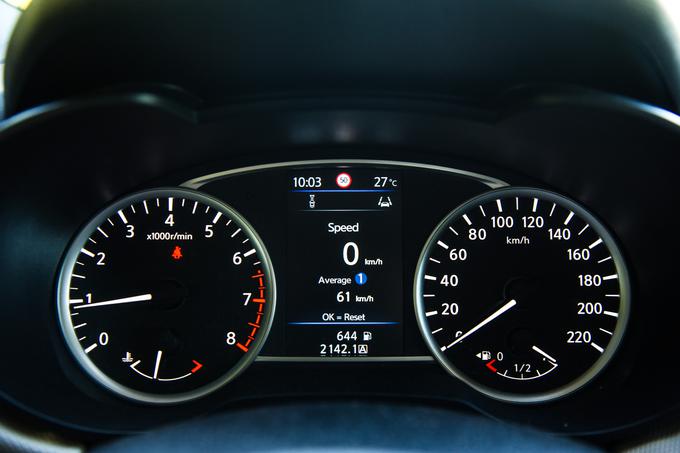 Na zaslonu med okroglima merilnikoma lahko voznik med ostalim spremlja primerjavo med povprečno in trenutno porabo goriva. | Foto: Gašper Pirman