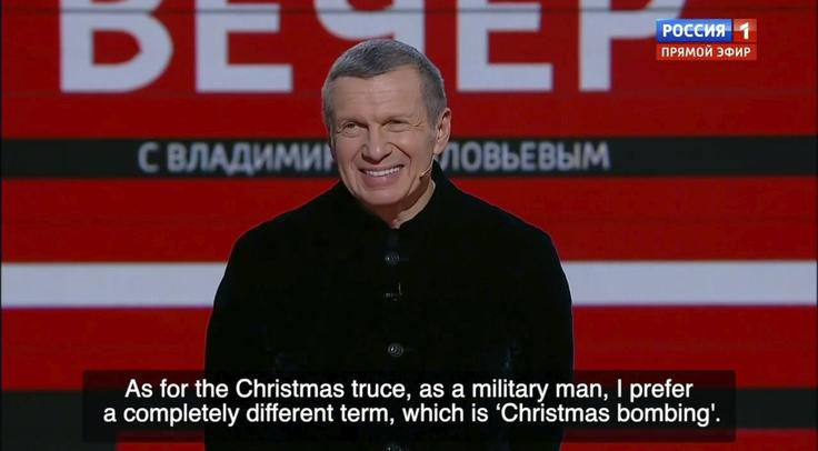 Prisrčno predbožično sporočilo Vladimirja Solovjova na ruski državni televiziji: "Kar zadeva božično premirje, moram reči, da mi je, ker sem vojak, ljubši izraz božično bombardiranje." | Foto: Profimedia