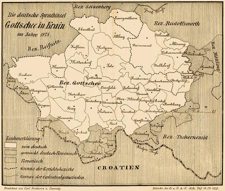 Zgodba kočevskih Nemcev se je začela v 14. stoletju, ko so jih iz gospodarskih razlogov naselili na Kočevskem koroški fevdalci Ortenburžani. Kočevski Nemci so prej kot podložni kmetje živeli na posestvih Ortenburžanov na Koroškem in vzhodnem Tirolskem. To je bila zadnja epizoda srednjeveške nemške kolonizacije na slovenskih tleh. V času te kolonizacije, ki ji v nemškem prostoru rečejo ostsiedlung, smo Slovenci onkraj Karavank izgubili okoli 37 tisoč kvadratnih metrov narodnega ozemlja. Kočevski Nemci se za razliko od nekaterih drugih, manjših nemških jezikovnih otokov na slovenskem ozemljem, niso jezikovno poslovenili ali vsaj postali dvojezični. S tem so postali nemški klin, ki je ločil slovensko govoreče ljudi v današnjem Gorskem kotarju, Kostelu in Beli krajini od jedra slovenskega ozemlja. Dolgoročna posledica tega je bilo, da so Slovenci v Gorskem kotarju, na severu zaradi kočevskih Nemcev odrezani od drugih Slovencev in tako popolnoma izpostavljeni hrvaškemu vplivu z juga, sprejeli hrvaško politično identiteto. Na fotografiji: zemljevid obsega območja kočevskih Nemcev (svetli del zemljevid je območje, kjer so predstavljali večino). | Foto: Wikipedia Commons