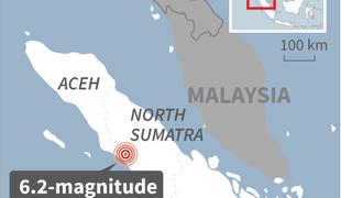 Indonezijski otok Sumatra stresel potres z magnitudo 6,2