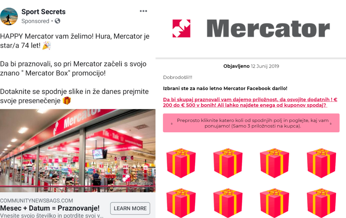 Mercator Prevara | Lažne nagradne igre, ki jih prevaranti oglašujejo na Facebooku, pogosto izda že zelo pomanjkljiva slovnica. | Foto Matic Tomšič / Posnetek zaslona