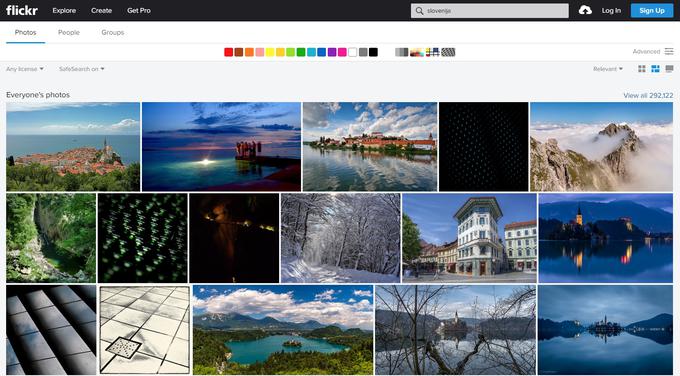 Če v iskalnik na spletni strani Flickr napišemo ključno besedo "Slovenija", najdemo skoraj 300.000 rezultatov oziroma fotografij, ki so jih med drugim objavili številni slovenski uporabniki platforme.  | Foto: Matic Tomšič / Posnetek zaslona