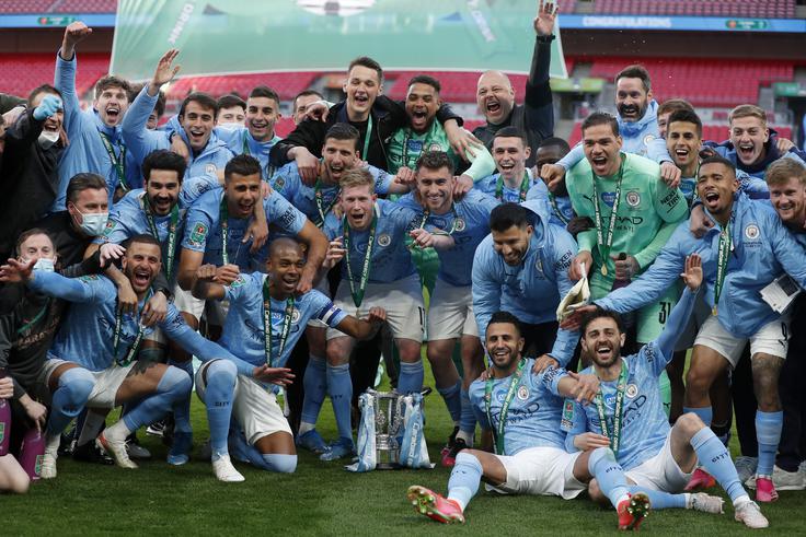 Manchester City se na prvo tekmo polfinala podaja z dobro popotnico, saj so sinjemodri v nedeljo osvojili angleški ligaški pokal, potem ko so v nedeljskem finalu z 1:0 odpravili Tottenham. | Foto: Guliverimage/Vladimir Fedorenko