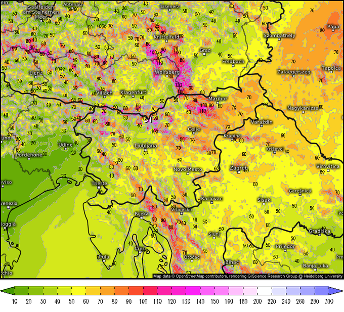 Prikazane so največje pričakovane hitrosti sunkov vetra v kilometrih na uro glede na meteorološki model ICON-D2 za četrtek, 26. septembra 2024, ob 13. uri. Močni sunki vetra bodo naše kraje sicer spremljali v četrtek in petek. | Foto: meteologix