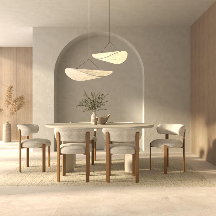 Izdelki: stol korra Ayla Round, stol korra Lolly, viseča svetilka Zorra Lighting Recens, stenski panel Voxort WPC Viola. | Foto: Fero-Term
