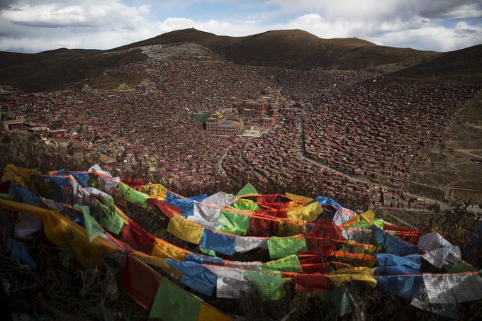 Tibetanske molilne zastavice plapolajo nad dolino Larung in inštitutom Larung Wuming Buddhist, ki leži na nadmorski višini 4.000 metrov v odročni državi Sertar. Inštitut za proučevanje budizma je leta 1980 ustanovil vplivni lama Khenpo Jigme Phuntsok. Začel je s 30 študenti, danes pa velja za enega največjih tovrstnih centrov na svetu. | Foto: Reuters