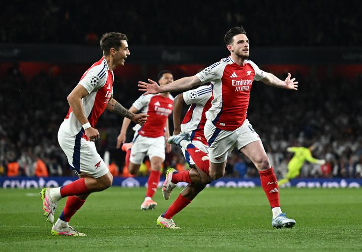 Declan Rice se je tako veselil zadetka za vodstvo Arsenala z 1:0. | Foto: Reuters