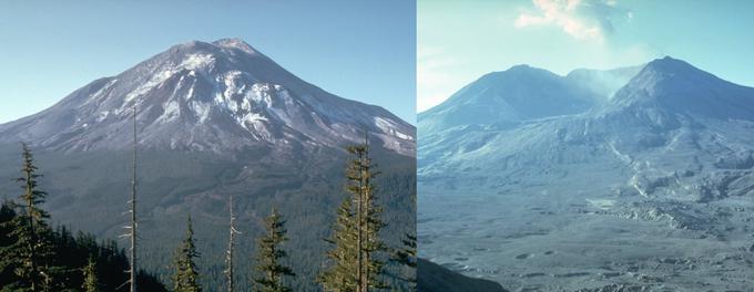 Levo gora Svete Helene dan prej uničujočim izbruhom, desno štiri mesece pozneje.  | Foto: Thomas Hilmes/Wikimedia Commons