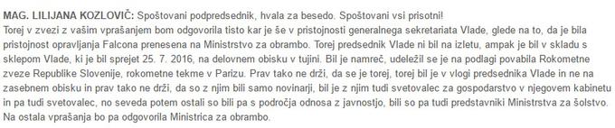 Zapis izjave generalne sekretarke vlade Lilijane Kozlovič, objavljen na spletni strani državnega zbora. | Foto: 