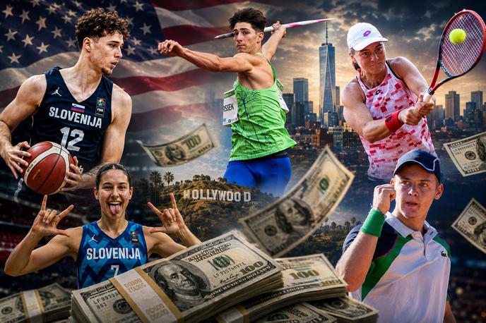 Slovenski športniki študenti ZDA | Mladi slovenski športniki vse pogosteje izbirajo ameriško univerzitetno pot, kjer so po novem v igri tudi visoki denarni zneski. | Foto Aleš Fevžer, TZS, Vid Ponikvar, Fiba Europe, fotomontaža: Sportal s pomočjo UI