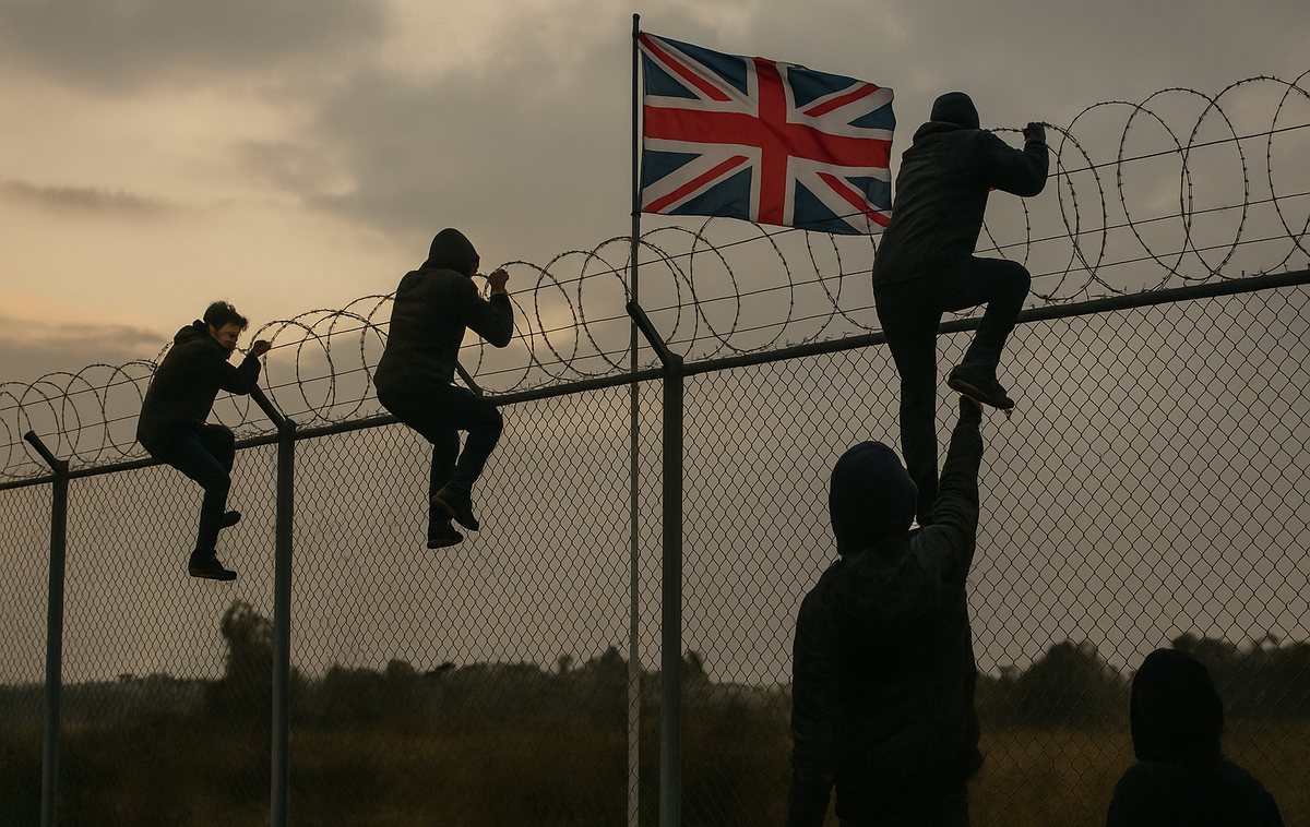 meja migranti velika britanija združeno kraljestvo | V skladu z novimi načrti bodo morali ljudje živeti v Združenem kraljestvu deset let, preden bodo lahko zaprosili za britansko državljanstvo, kar je več kot sedanjih pet let. | Foto Fotografija je bila ustvarjena s pomočjo umetne inteligence