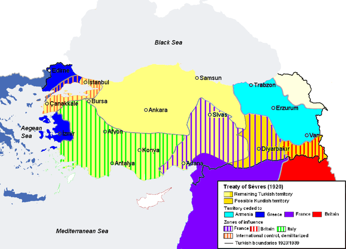 Pogodba v Sevresu iz leta 1920 je občutno "oskubila" Otomanski imperij. Turki so po tej pogodbi izgubili vsa območja, ki etnično niso bila turška. Modro območje na zemljevidu je pripadlo Grčiji, vijoličasto Franciji in rdeče Veliki Britaniji. Svetlomodro območje je Armenska država. Temnorumeno območje bi moralo pripasti neodvisni kurdski državi, če bi se Kurdi zanjo odločili. Črtkasto območje prikazuje del Otomanskega cesarstva, ki naj bi bilo vplivno območje Francije, Britanije in Italije.  | Foto: Wikimedia Commons