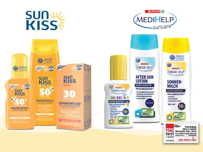 V Sparu najdete linijo sončne kozmetike za vso družino SUN KISS, izdelki linije SPAR MediHelp pa so namenjeni negi posebej občutljive kože. Mleko za sončenje SPAR MediHelp je na ZPS testu sončne kozmetike dobil oceno ‘zelo dobro’ (82). | Foto: Spar