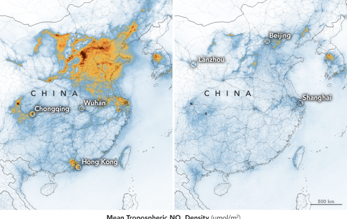 Nasa, Kitajska, onesnaženje, koronavirus | Letos se je na Kitajskem občutno znižala raven dušikovega dioksida. | Foto NASA