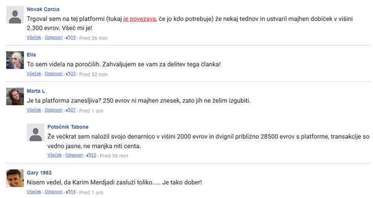 Goljufi se izredno trudijo, da bi potencialne žrtve prepričali o legitimnosti predstavljenih informacij. Obljubam o velikih zaslužkih pogosto priložijo tudi izpovedi zadovoljnih uporabnikov, ki v resnici ne obstajajo, njihovi "komentarji" pa so v slovenščino praviloma prevedeni iz drugih jezikov in zato občasne vsebujejo velike slovnične in predvsem vsebinske napake.  | Foto: Posnetek zaslona