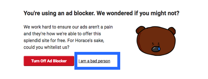 Opazili smo, da uporabljate program za blokiranje nadležnih oglasov. Ga lahko morda izklopite za to spletno stran? Ne, hvala, ker sem slab človek.  |  Foto: confirmshaming.tumblr.com | Foto: 