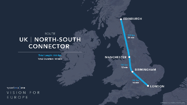 Predlagana trasa v južnem delu Velike Britanije | Foto: Hyperloop One