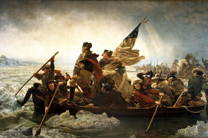 George Washington reka Delaware | Slika upodablja Georgea Washingtona, ki je med ameriško osamosvojitveno vojno decembra 1776 prečkal reko Delaware in porazil manjši oddelek nemških plačancev, da bi tako ameriškim vojakom po začetnih porazih proti Britancem okrepil bojno moralo. | Foto Wikimedia Commons