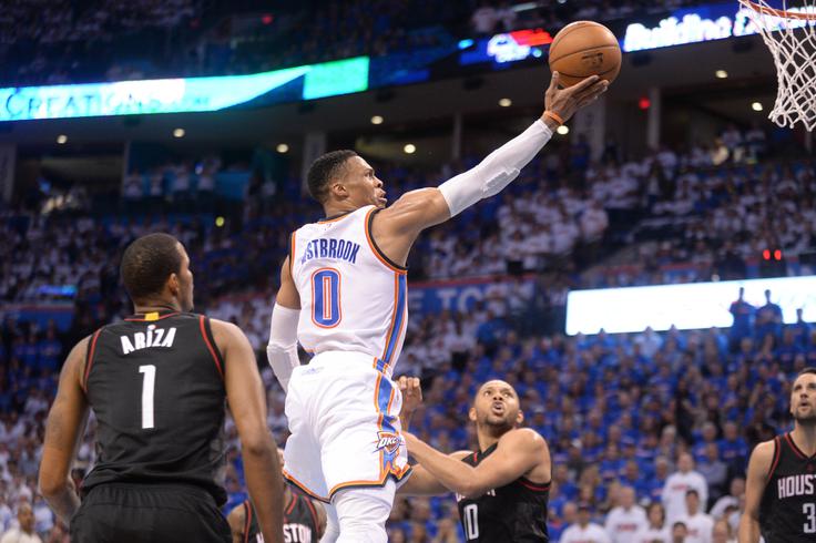 Russell Westbrook je v statistiko zapisal trojnega dvojčka. | Foto: Reuters