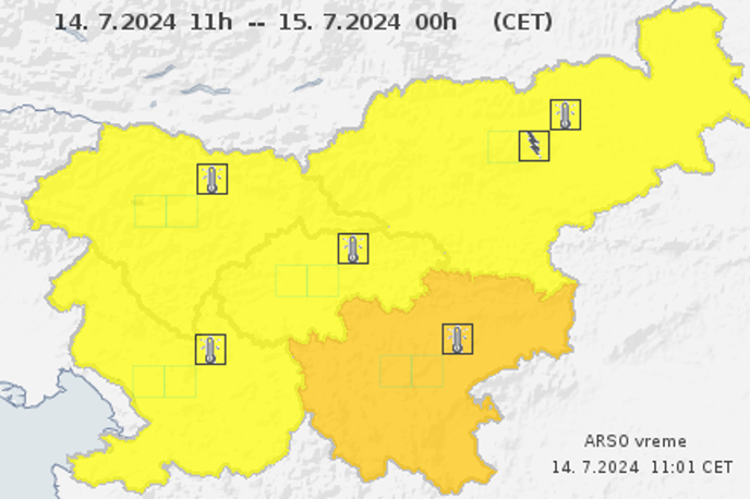 Arso | Za jugovzhod države velja oranžno opozorilo, za preostali del rumeno. | Foto Arso
