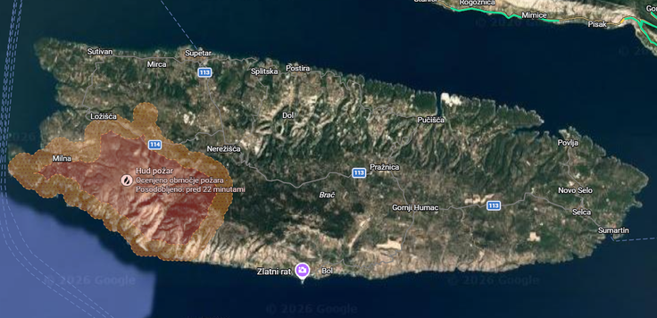 Razsežnost požara, vidna na Googlovem zemljevidu. | Foto: Google maps