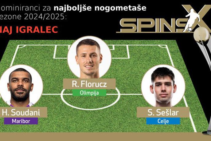 Spins 2025 | Za priznanje za najboljšega igralca sezone se potegujejo Raul Florucz (Olimpija), Svit Sešlar (Celje) in Hilal Soudani (Maribor). | Foto SPINS