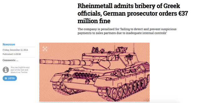 Konec leta 2014 je morala družba Rheinmetall zaradi podkupovanja v Grčiji plačati kar 37 milijonov evrov kazni. | Foto: posnetek zaslona/Revija Lady