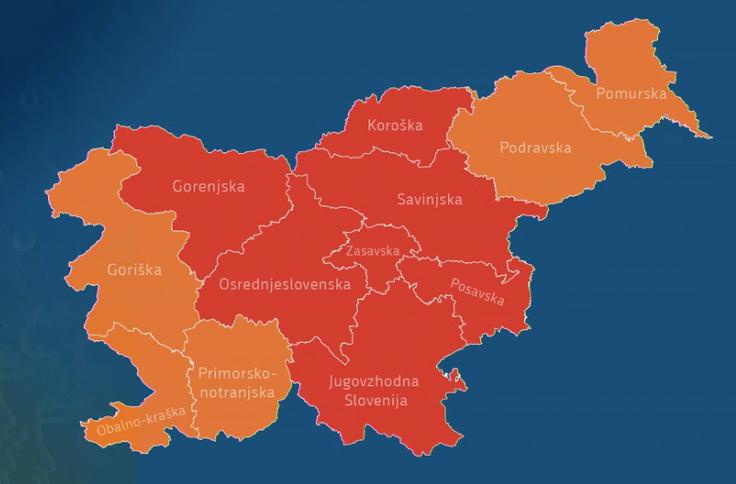 Statistične regije. Rdeča. Oranžna. Koronavirus. Na rdečem seznamu so Osrednjeslovenska, Gorenjska, Koroška, Zasavska, Posavska, Savinjska in Jugovzhodna Slovenija. | Foto: RTV SLO
