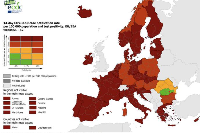 ECDC | Večina Evrope je še vedno obarvana temno rdeče ali rdeče.  | Foto STA
