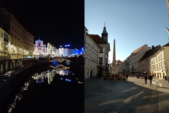 Levo je nočna fotografija okrašenega Prešernovega trga, desno pa dnevna fotografija ljubljanske mestne hiše. | Foto: Peter Susič