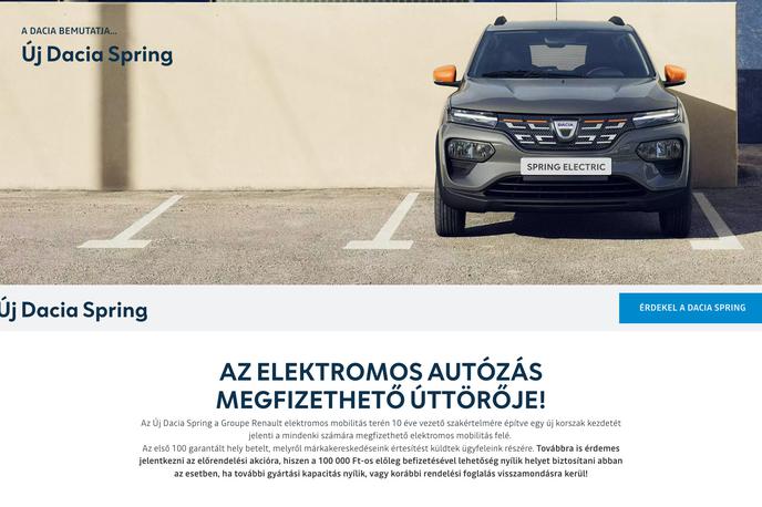 Dacia spring | To je naslovnica madžarskega uvoznika Dacie, kjer že poročajo o ceni električnega springa za prvih 100 naročnikov. | Foto Dacia