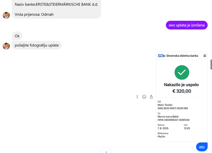 Tako smo lani s potrdilom o plačilu, ustvarjenim z umetno inteligenco, pretentali lažno ponudnico apartmaja na Hrvaškem.  | Foto: Posnetek  zaslona