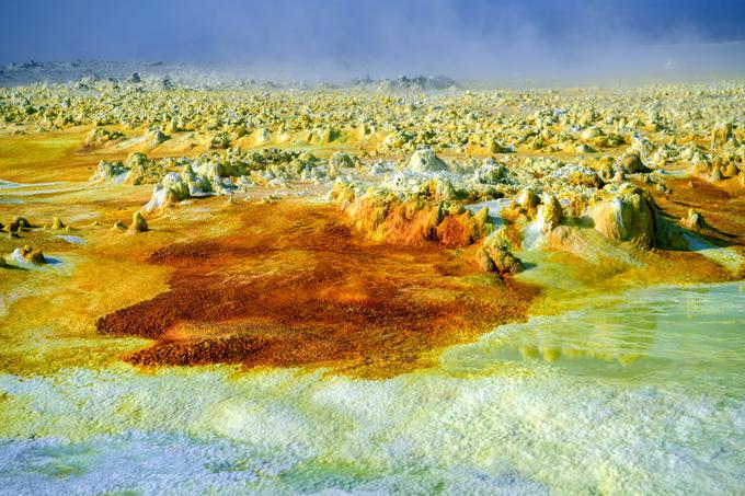Območje Dallol je izredno dinamično. Novi vroči vrelci se občasno pojavijo dobesedno čez noč in povsem spremenijo barvo površja. To namreč določajo različne stopnje oksidacije železa, ki ga je v tamkajšnji vodi ogromno (okrog 25 gramov na liter vode), in ne organski procesi. | Foto: Getty Images