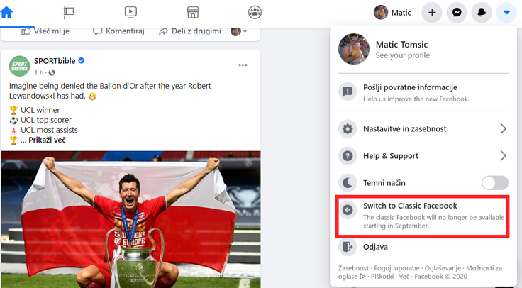 Novi videz Facebooka, ki je sicer dostopen že nekaj mesecev, ponuja možnost preklopa na klasični videz družbenega omrežja. To po 1. septembru ne bo več mogoče.  | Foto: Matic Tomšič