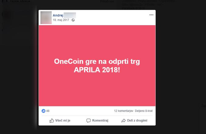 Objava enega od nekdaj najvztrajnejših slovenskih promotorjev kriptovalute Onecoin iz marca 2017. Pozneje je s svojega profila na YouTubu, kamor je objavil ogromno posnetkov z nasveti za naložbe v onecoin, izbrisal vse videoposnetke, na Facebooku pa se je preusmeril v svetovanje o trgovanju z drugimi kriptovalutami in kriptožetoni, ki v nasprotju z onecoinom kotirajo na odprtem trgu.  | Foto: Matic Tomšič / Posnetek zaslona
