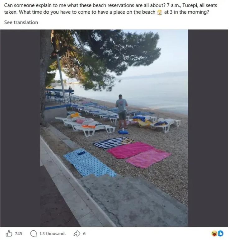 Poljakinja, ki dopustuje v Tučepih, je objavila fotografijo s plaže zgodaj zjutraj, ki je že polna rezerviranih ležalnikov.
 | Foto: Facebook/posnetek zaslona