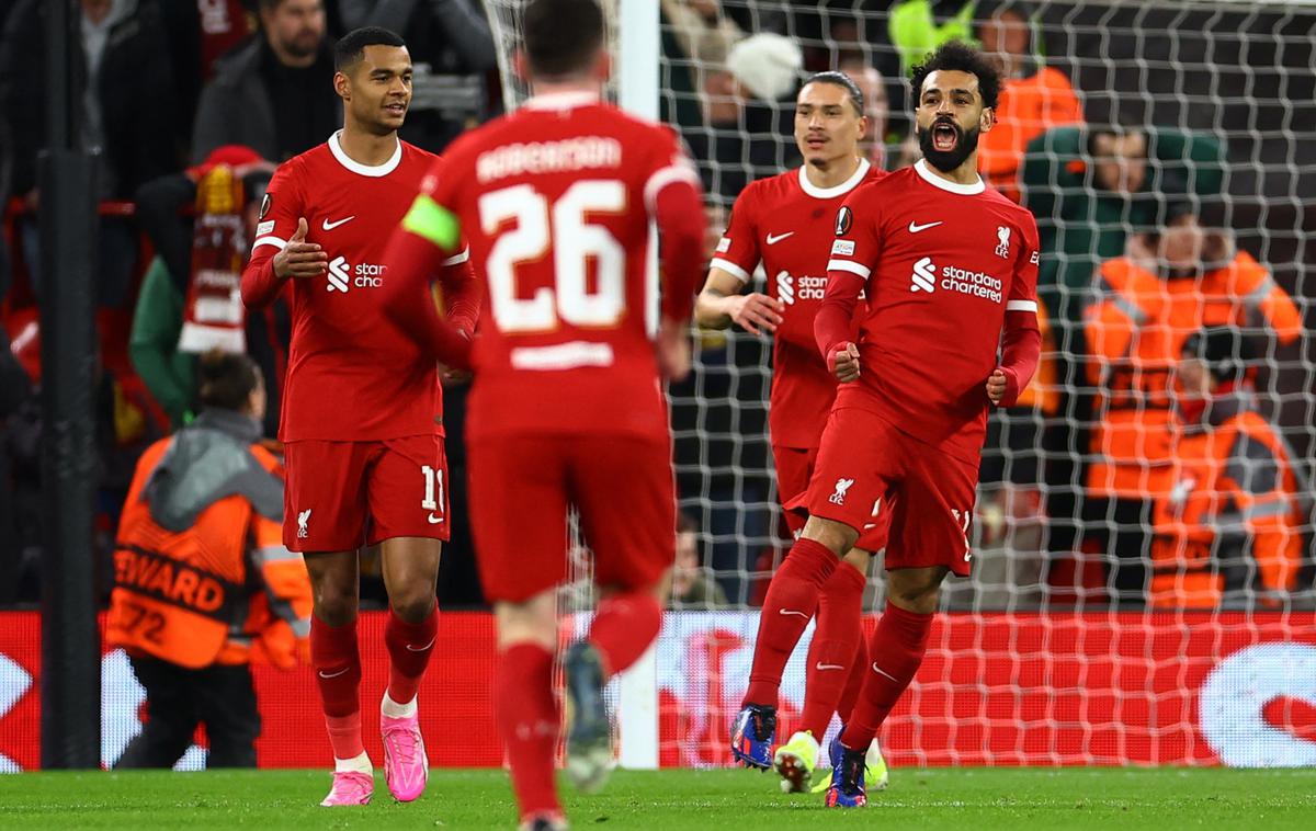 Liverpool | Liverpool je že v uvodnih 14 minutah zmlel tekmeca iz Prage. Prvi favorit tekmovanja Liverpool je po zmagi v Pragi s 5:1 tokrat doma Sparto ugnal s 6:1. Cody Gakpo je zadel dvakrat za Angleže, Mohamed Salah pa je golu dodal še tri podaje. | Foto Reuters