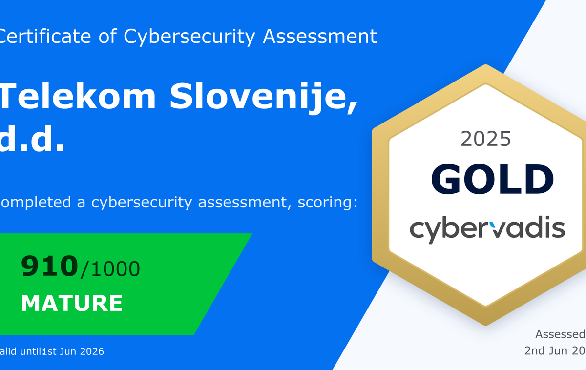 Telekom Slovenije | Zlata medalja CyberVadis, kot pravijo, pomeni otipljivo zagotovilo, da so podatki in komunikacija uporabnikov v varnih rokah.  | Foto Telekom Slovenije
