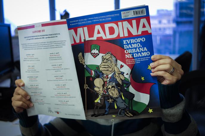 Naslovnica tednika Mladina | Poudarek razprave so namenili protestni noti madžarskega veleposlaništva, konec marca so jo na zunanje ministrstvo naslovilo zaradi naslovnice tednika Mladina, na kateri je Orban z roko v fašističnem položaju. | Foto STA
