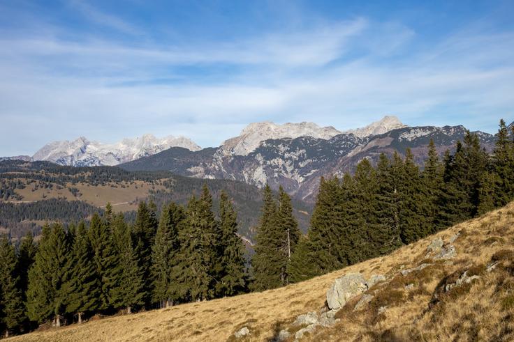 Pogled proti severozahodu: levo je Velika Planina, desno Dleskoška planota, zadaj pa najvišji vrhovi Kamniško-Savinjskih Alp. | Foto: Matej Podgoršek