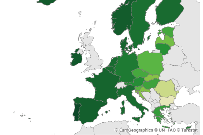 ECDC | Slika zahodne Evrope je precej drugačna kot tista na vzhodu. Zemljevid prikazuje precepljenost prebivalcev EU, ki so starejši od 18 let. V EU je vsaj z enim odmerkom cepljenih 79,4 odstotka ljudi.  | Foto ecdc.europa.eu