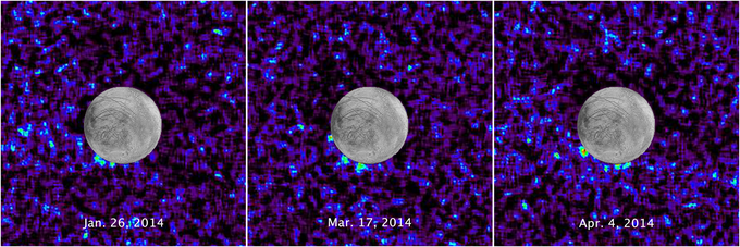 Več fotografij Evrope, ki jih je leta 2014 posnel vesoljski teleskop Hubble. Luno je vedno fotografiral tako, da je bil v ozadju svetel Jupiter, ki je dodatno osvetlil njeno površino. Spodaj levo je na luni mogoče videti grafične anomalije, ki so po prepričanju Nase znaki izbruhov vode. | Foto: NASA