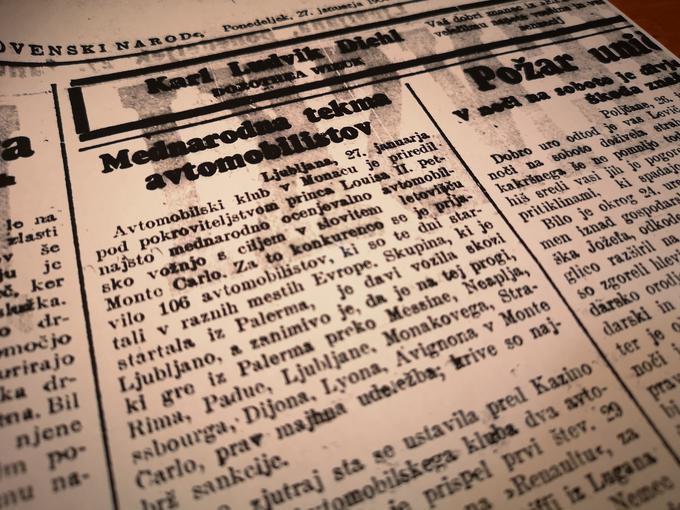 Članek o prvi etapi relija Monte Carlo skozi Ljubljano, objavljenem v časniku Slovenski Narod (27. januar leta 1936). | Foto: Gregor Pavšič
