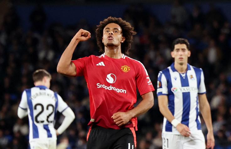 Manchester United je v San Sebastianu povedel v 57. minuti z golom Joshue Zirkzeeja, Španci pa so izid poravnali v 70. minuti, ko je z bele pike zadel Mikel Oyarzabal. | Foto: Reuters
