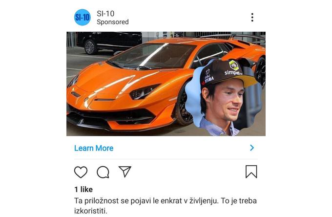 Objava z obrazom Primoža Rogliča, ki jo profil SI-10 od 23. avgusta prek plačanih oglasov širi po družbenih omrežjih Facebook in Instagram. Kdo je v ozadju profila, ni znano.  | Foto: Matic Tomšič / Posnetek zaslona